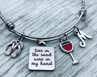 Charm Bracelet Toes in the Sand wine in my hand Girls beach vacation gift, bangle bracelet with charms, personalized gift for women