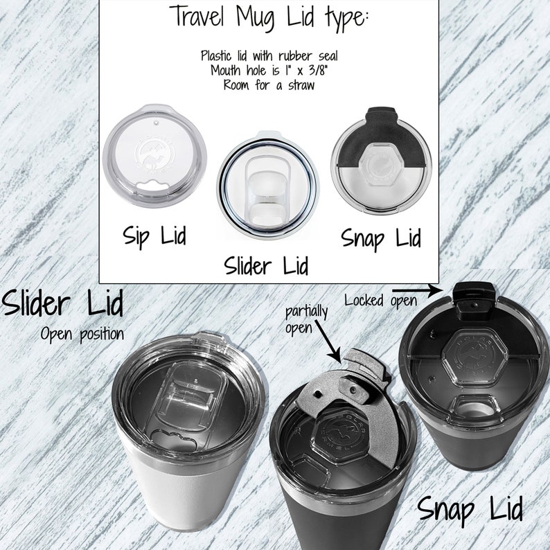 Puede incluir: Imagen que muestra tres tipos de tapas para tazas de viaje: Sip Lid, Slider Lid y Snap Lid. El Slider Lid se muestra en posici&oacute;n abierta. El Snap Lid se muestra parcialmente y completamente abierto. El orificio de la boca es de 2,54 cm x 0,95 cm y est&aacute; dise&ntilde;ado para una pajita.