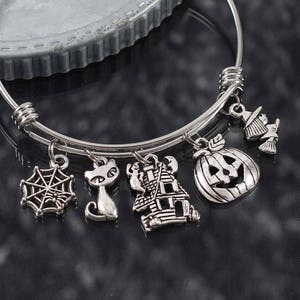 Halloween Charm Bracelet, spider web, spooky cat, haunted house, ghost, pumpkin, witch, halloween jewelry with charms, personalized gift