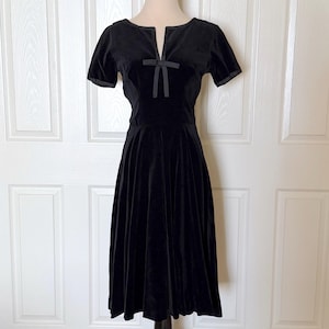 1950s Black Velvet Dress by Jeane Scott - XS Fit and Flare with Full Skirt, 26&quot; Waist, 32&quot; Bust