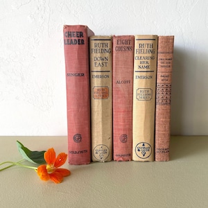 Vintage Book Bundle, Set of 5 Muted Red Beige Tan Decorative Old Books / Antique Girl Books / Vintage Book Decor Earth Tone Farmhouse Style