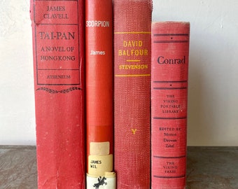 Vintage Red Book Stack: Decorative Book Bundle, Hardcover Set of 4