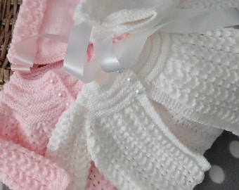 Hand Knitted Baby Girls Matinee Coat and Bonnet 0-3months