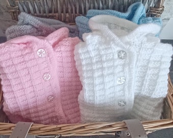 Babies Hand Knitted Hooded Jacket 0-3 Months  Pink White Blue Grey Colourways