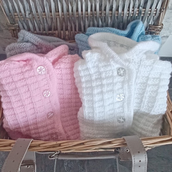 Babies Hand Knitted Hooded Jacket 0-3 Months  Pink White Blue Grey Colourways