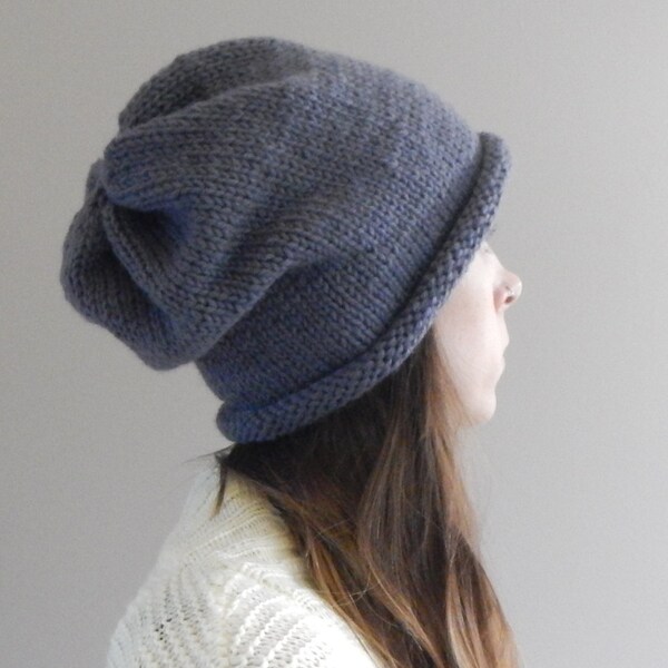 Baggy stricken Mütze in blau-grau, slouchy Hut, stricken blau grau Boho Mütze, alle natürlichen Materialien