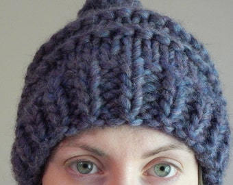 knit beanie hat, purple chunky hat with a pom pom, purple beanie