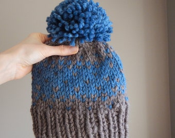 knit fair isle hat, knit beanie, blue and brown, chunky knit beanie, pom pom hat