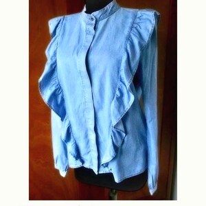 Denim romantic shirt, 100% cotton, Long sleeve shirt, Vintage shirt, Frills Denim Shirt image 3