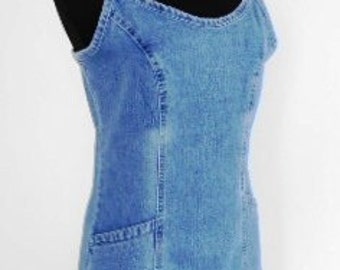 Vintage Strappy Denim Dress Lovely Blue Cotton Dress Fitted Dress 1990s Size L