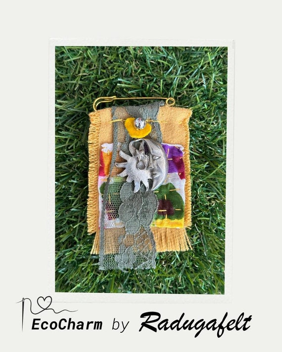 Handmade Upcycled Brooch with Moon and Sun Charm – Eco-Friendly - Sustainable Fashion - Silver Tone Fashion Pin