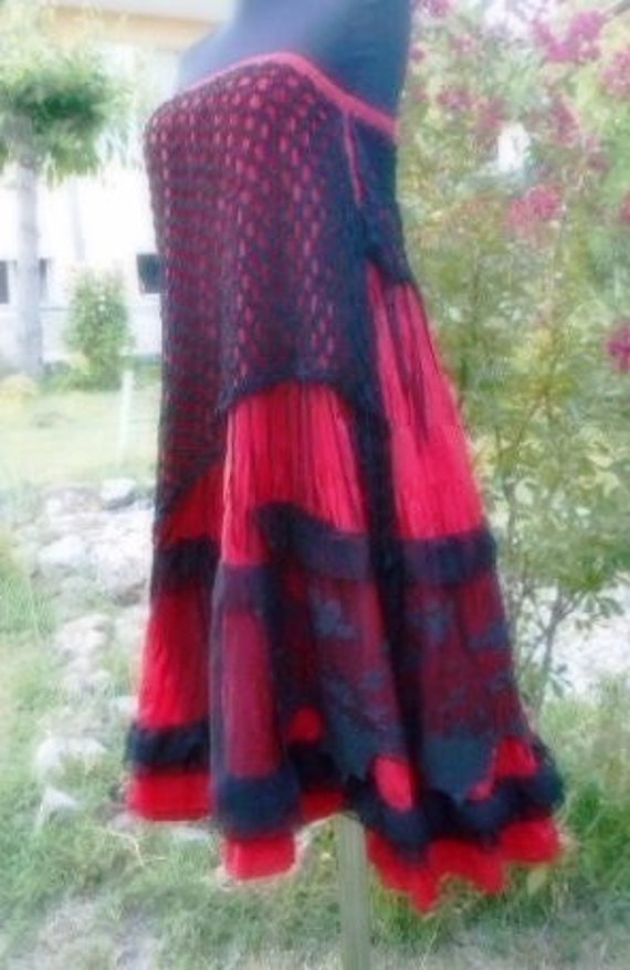 Red and Black Recycled naturalSilk Skirt, Maxi Boho Skirt, Ruffled Festival Skirt, Gypsy Chic Skirt, Frayed Chic Skirt