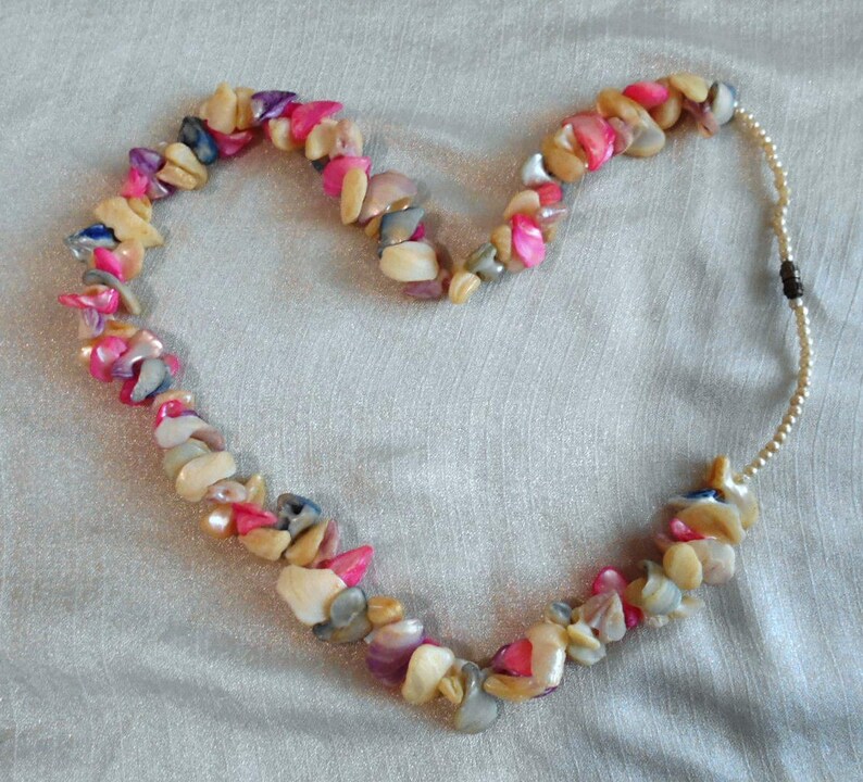Puede incluir: Un collar hecho de diferentes piezas de concha de colores y texturas. El collar est&aacute; enhebrado en un cord&oacute;n blanco delgado y tiene un cierre marr&oacute;n.