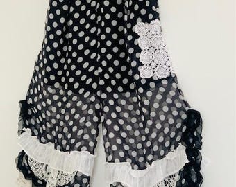 Boho pants with ruffles, Wide harem pants, Wide white polka dot pants, Boho style pants, Recycled fashion, Fashion to save the planet Earth