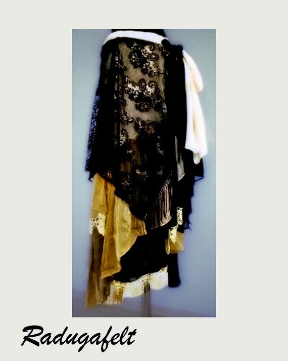Unique Artistic Clothing Yellow and Black Recycled Chic Boho Bridal Skirt Festival Skirt Fairy Gypsy Shabby Shabby Chic
