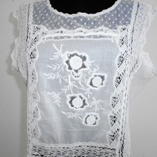 White cotton top,White Boho style tunic, recycled vintage tunic with Victorian lace and embroidery