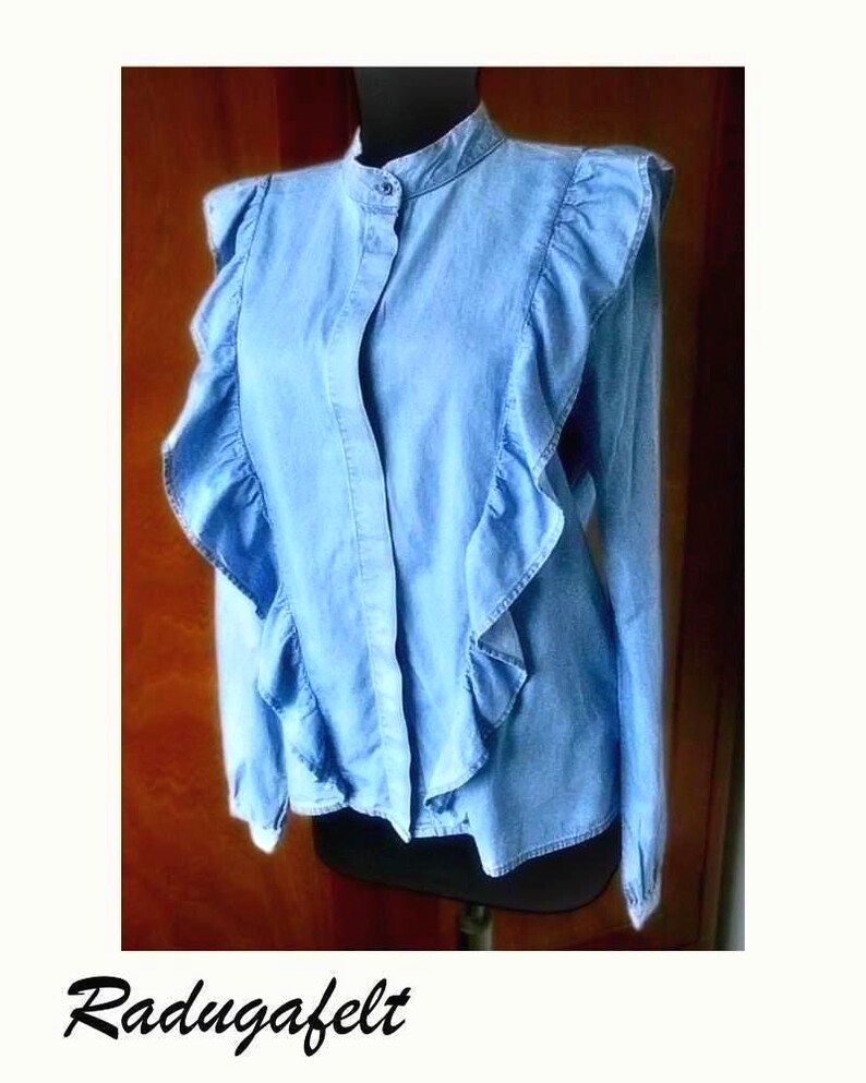 Denim romantic shirt, 100% cotton, Long sleeve shirt, Vintage shirt, Frills Denim Shirt image 3