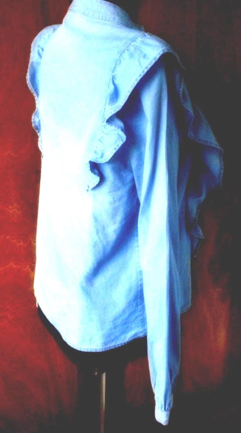 May include: Light blue long-sleeve shirt with ruffled detailing around the collar and shoulders. The shirt is made of a soft, lightweight fabric. The back of the shirt is visible, showing the collar and the ruffled design. The sleeves are long and cuffed.