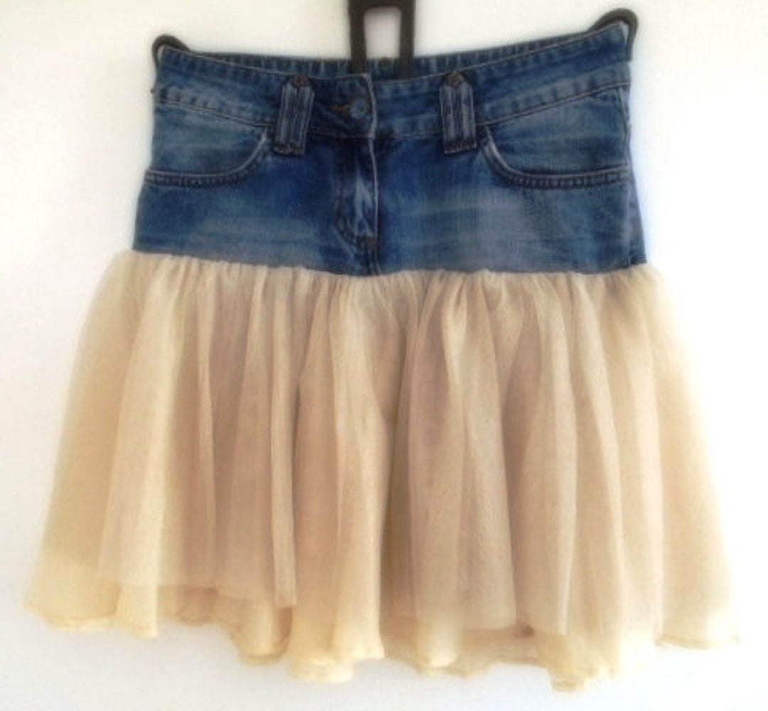 Recycled Blue Denim Short Skirt Recycled Cotton Ruffled Tulle Skirt Boho Style Skirt - Etsy