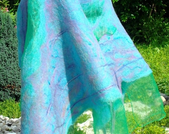 Shawl ,Felt scarf ,Turquoise scarf,Handmade item,One a kind piece of art,Felt cape,Wet felted,Organic materials,Woman's mode,European design