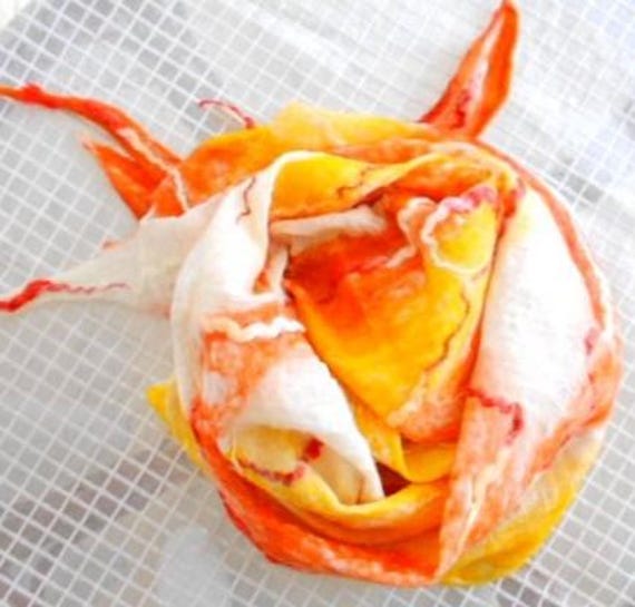 Handmade Felt Scarf, Orange Yellow Wool Shawl, Silk Fibers