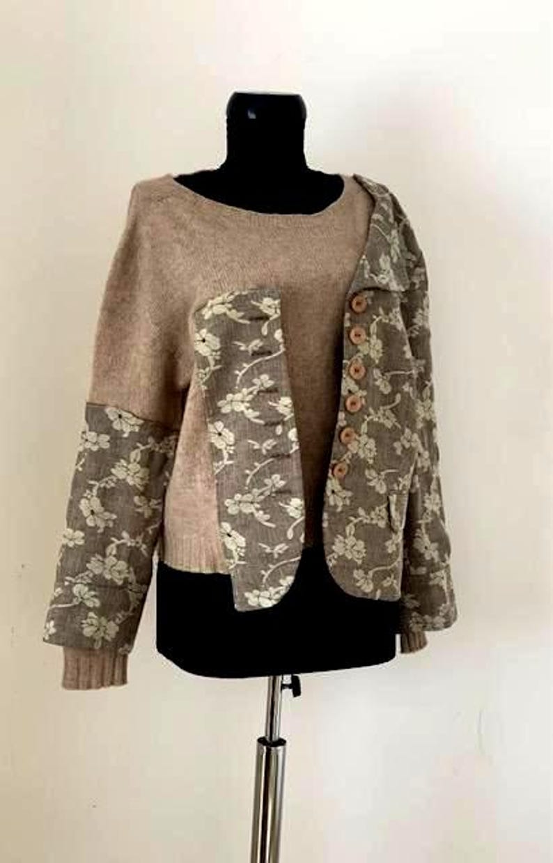 Pull bohème unique, pull recyclé, coupe ample, look décontracté, fait main, matières naturelles image 1