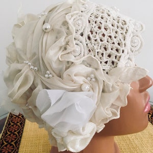 Elegant White Hat, Romantic Bridal Hat, Boho Embellished Hat, 1920s Style Art Hat, Wearable Art, One of a Kind