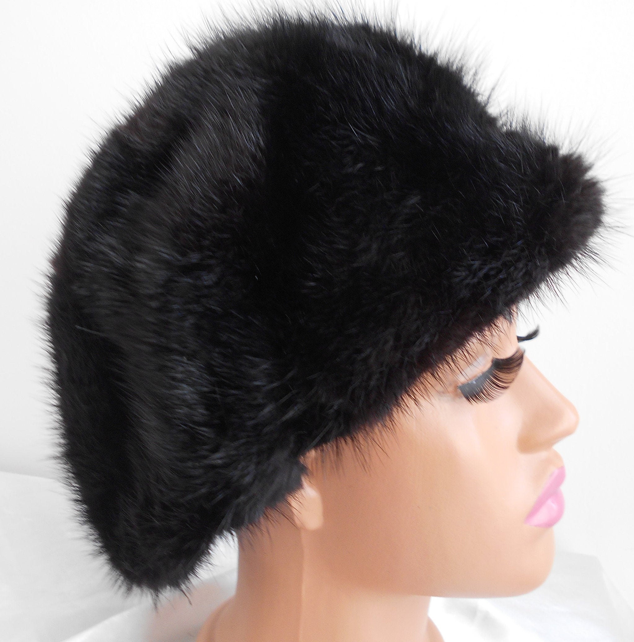 Vintage Black Mink Fur Hat, Elegant Winter Cap (22.5 Inches 