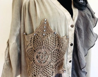 Hippie Chic Style Blouse Hand Dyed Light Gray Eco Blouse Cute Wearable Art Recycled Short Sleeve Tunic Only 1 Available Handmade