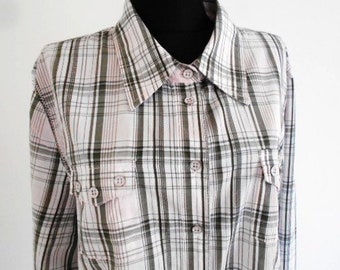 Women's Street One Shirt, Vintage Art Shirt, Women's  Shirt, White Plaid Cotton Shirt, Black,Pale Pink and Gray Plaid, Long Sleeve