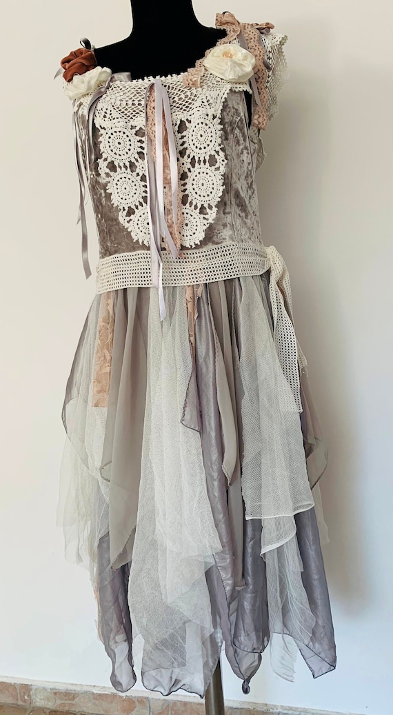 Light Gray and White Boho Upcycled Dress, Strapless Party Festival Dress,  Handmade Asymmetrical Wedding Dress, Cute Wearable Art - Etsy Israel