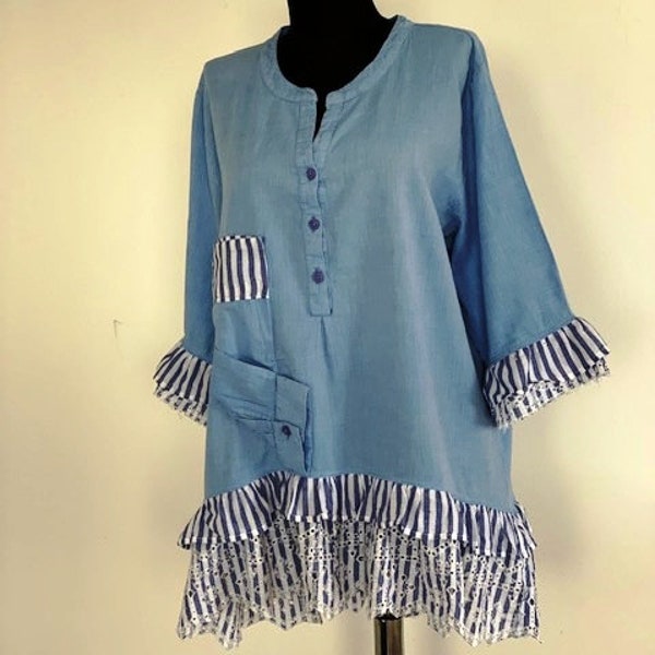 Recycled Tunic XL Size Light Blue Boho Tunic Tunic With Ruffles Asymmetric Short Sleeve Tunic Cute Wearable Art Only One Item Ready To Ship