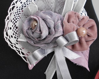 Broche textil, Broche shabby chic, Broche hecho a mano, Estilo romántico, Broche boho