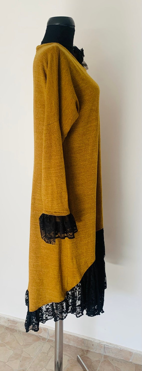 Handmade Boho Asymmetric Dress, Orange Black Recycled Knit, Lace Detail, image size:570x1491