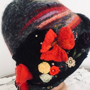 Boho Embellished Felt Hat, Boho Hippie Felt Hat in Gray Shades of Black, Artistic Hat, Wearable Art One of a kind