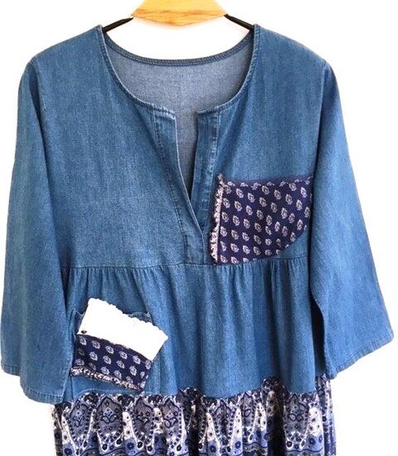 Boho Dress, Recycled Blue Denim Dress with Cotton Ruffles, Long Loose Dress, Plus Size Dress, Handmade