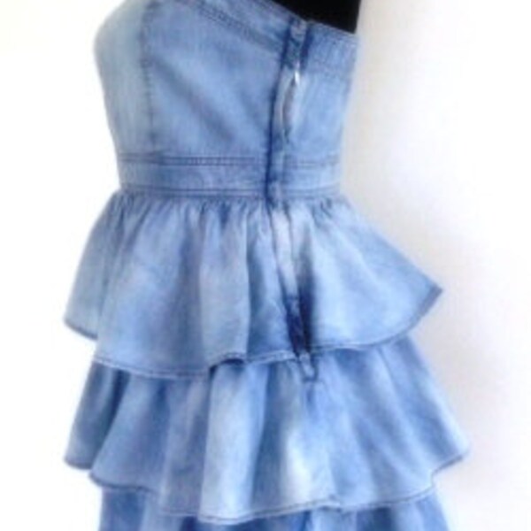 Vintage Ruffled Denim Dress, Gorgeous Mini Light Blue Cotton Dress, Shoulderless Dress, Size 38