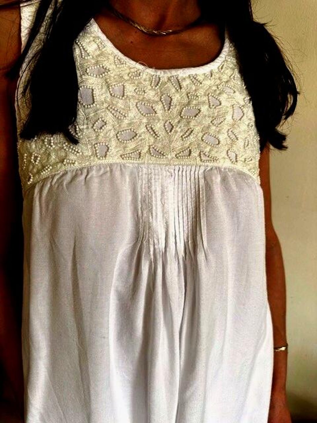 Vintage ESPRIT White Cotton Dress White Sleeveless Short Dress Beaded Dress Modern Eco Loose Dress Cotton Dress.