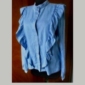 Denim romantic shirt, 100% cotton, Long sleeve shirt, Vintage shirt, Frills Denim Shirt