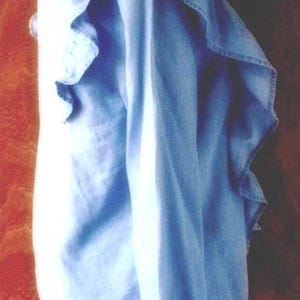 May include: Light blue denim shirt with ruffled detailing on the collar and sleeves. The shirt is displayed on a black mannequin. The background is a reddish-brown color.