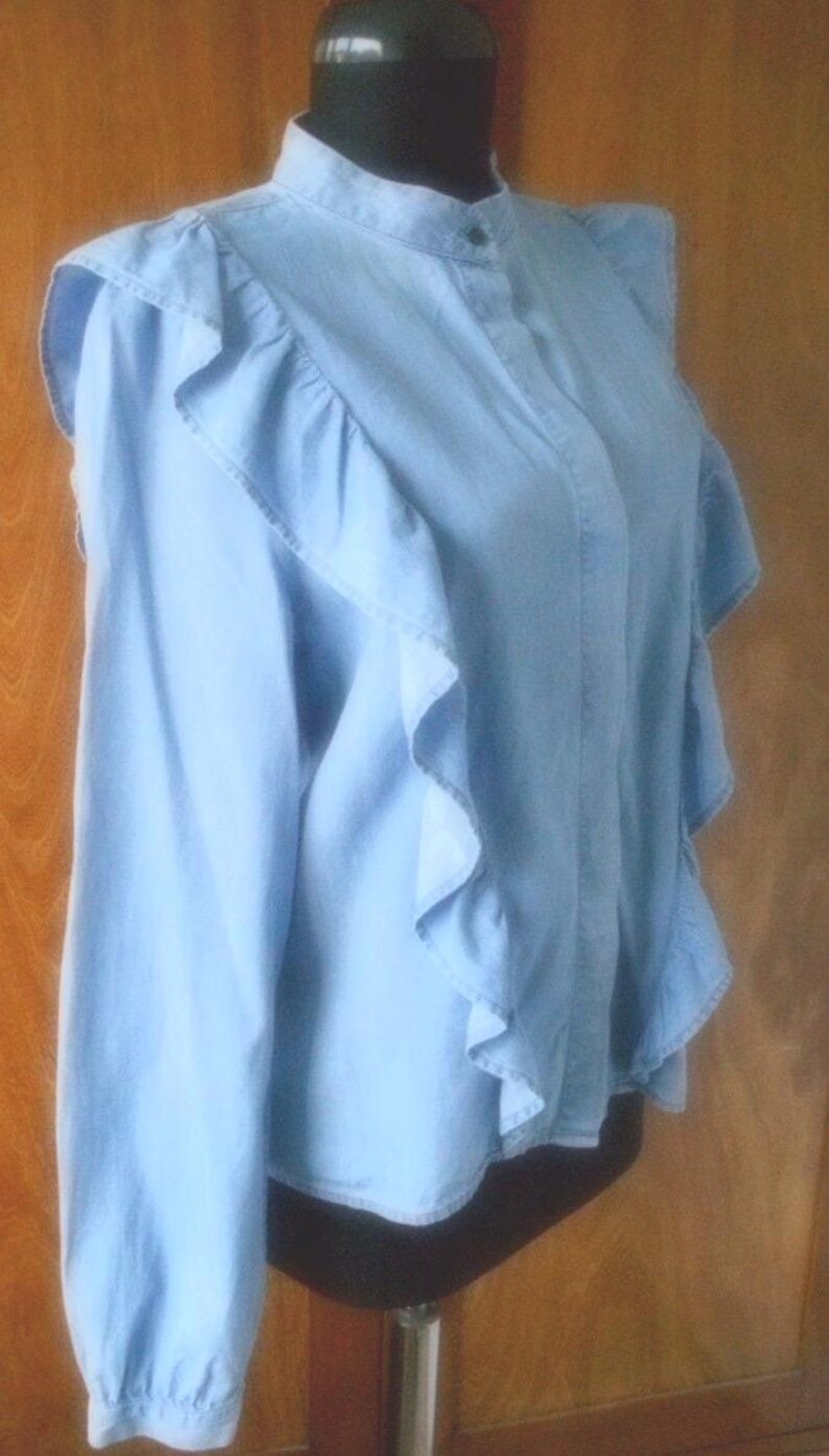 Denim romantic shirt, 100% cotton, Long sleeve shirt, Vintage shirt, Frills Denim Shirt image 2