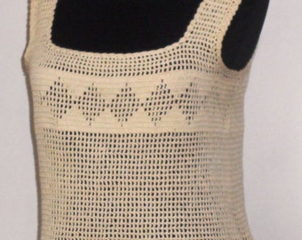 Vintage hand-knit blouse, Beige blouse, 100% cotton, sleeveless