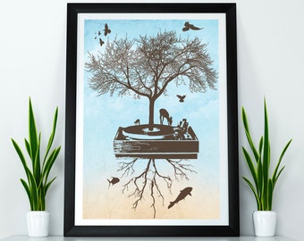 Music Tree Poster – Record Player, Nature Art Print