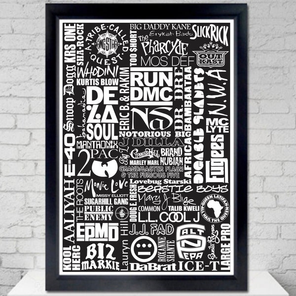 Hip Hop History Poster -  run dmc, del la soul, nwa, snoop dogg, a tribe called quest, 2pac, old school, wall art, music poster