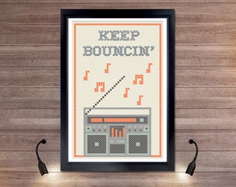 Keep Bouncin' Poster - Cross Stitch Boombox, Hip Hop Music Wall Art