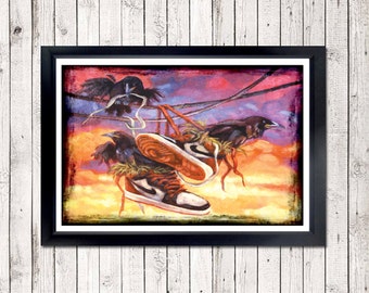 Nesting Crows Poster - nike, sneakers, air jordans 1, birds, crows, telephone wire, laces