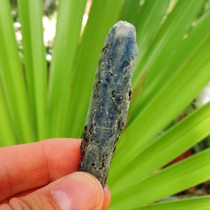 Blue kyanite crystal from mica schist showing metallic luster and natural crystal structure.