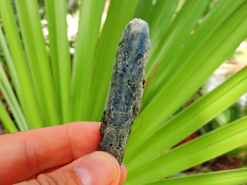 Blue kyanite crystal from mica schist showing metallic luster and natural crystal structure.