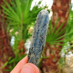 Blue kyanite with mica matrix, 3-inch natural crystal showing reflective luster.