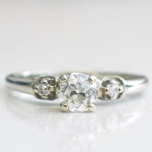 14K White Gold Old European Cut Diamond Vintage Engagement Ring, Antique Style Solitaire Ring